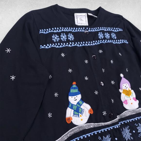 Michael Simon Christmas Cardigan Women XL Black Embroidered Snowmen Applique VTG - Picture 10 of 10